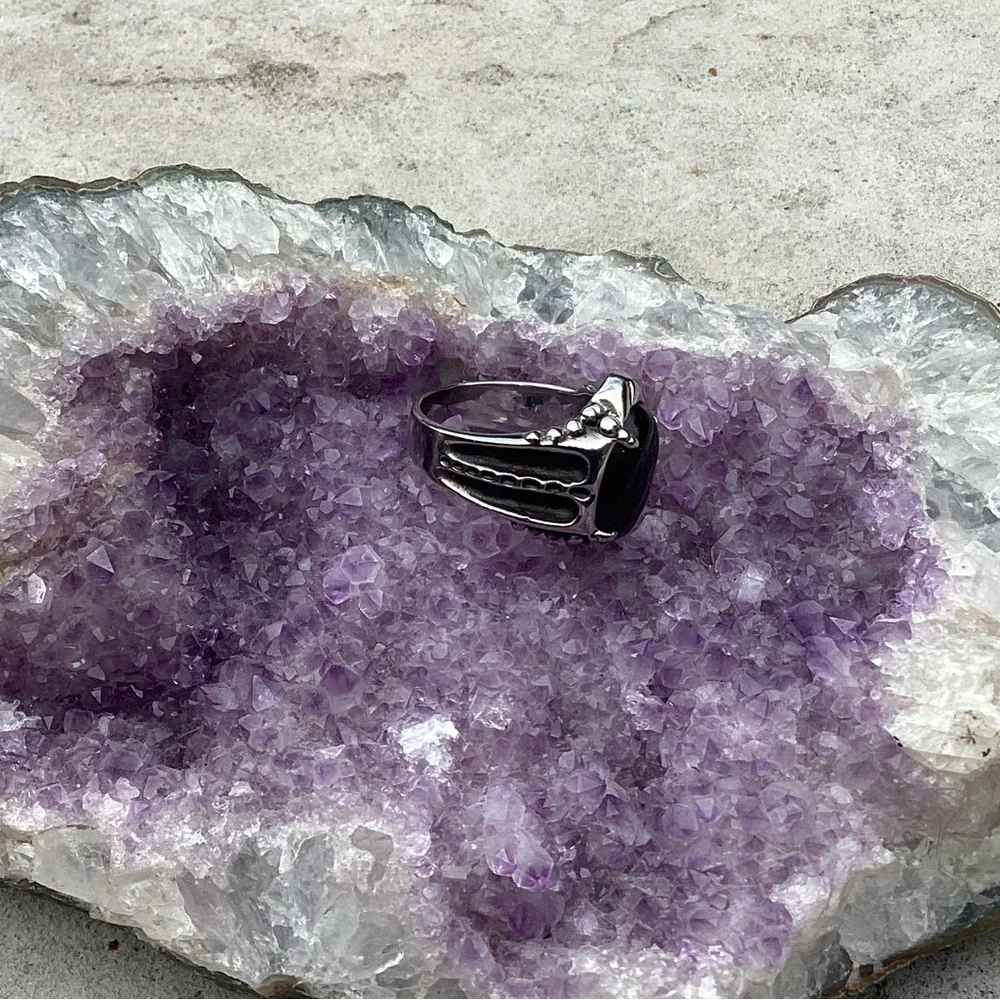 🩵NEW🩵 Stainless Steel with Black Agate Stone Ornate Ring Sz MENS 9